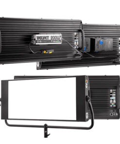 L'attrezzatura per l'illuminazione da studio Evo 2 - 2x1 COLOR-TUNABLEPANEL include viste complete di un pannello luminoso LED rettangolare, con etichetta Velvet 200W e controlli regolabili sul retro. La luce è montata saldamente su un supporto girevole.