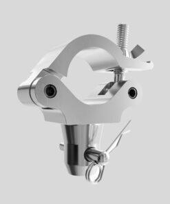 Primo piano di un DataSheet metallico argentato mezzo COUPLER 500kg 50mm su uno sfondo grigio. Il giunto è dotato di un design incernierato con un meccanismo di fissaggio a vite e un perno attaccato nella parte inferiore.