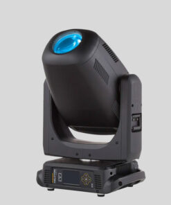 Un faretto da palco Halcyon Gold con lente blu, montato su una base e leggermente inclinato verso l'alto su uno sfondo grigio semplice.