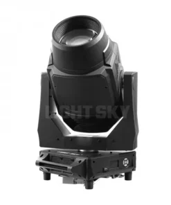 Aurora è una luce da palco nera con una grande lente, progettata specificamente per l'illuminazione di concerti o eventi. È dotata di una base robusta e componenti regolabili per dirigere la luce. Il marchio Light Sky è ben visibile sul suo corpo.