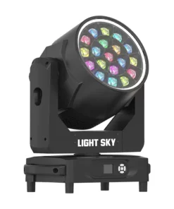 Un apparecchio di illuminazione da palco Aquapearl Pro con esterno nero, decorato con più luci LED colorate sulla parte anteriore. Montato su una base rotante, l'apparecchio è marchiato LIGHT SKY. I LED sono disposti in cerchi concentrici, in grado di visualizzare una serie di colori come rosso, verde e blu.