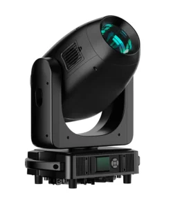 Ecco Super Scope PRO: un apparecchio di illuminazione da palco elegante, moderno e tecnicamente avanzato con finitura nera. Vanta una testa cilindrica dotata di una lente verde ed è montato su una base girevole per un posizionamento versatile.