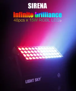 Etichettato come Sirena, questo dispositivo di illuminazione proietta vivide tonalità di rosso e blu. Il testo di accompagnamento evidenzia la sua capacità radiante con 48 pezzi di LED RGBL da 15 W, mentre il marchio Light Sky è ben visibile in basso.