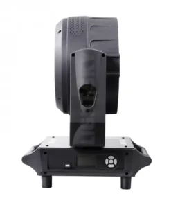 Vista laterale del TX 1940Z, un dispositivo elettronico nero che assomiglia a un apparecchio di illuminazione da palcoscenico o a un ventilatore, con una parte superiore rotonda e poggia su una base rettangolare con maniglie. La base include un piccolo display accompagnato da pulsanti.