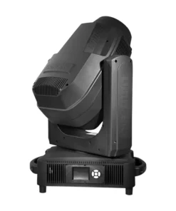 Ecco Super Scope, una luce da palco professionale nera con un design elegante e angolato con prese d'aria e un pannello di controllo integrato alla base. Le sue caratteristiche regolabili la rendono ideale per l'uso in applicazioni di illuminazione per palcoscenici o eventi.