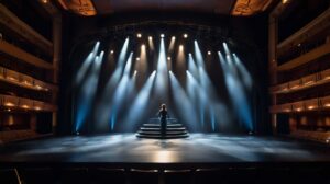 Una persona è in piedi da sola su un palcoscenico teatrale scarsamente illuminato, circondata da luci drammatiche. Dei gradini conducono al centro dove si trovano, dando un senso di attesa e solitudine in un grande auditorium vuoto.