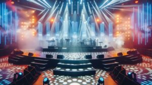 Un vivace palco per concerti con effetti di luce colorati. Il palco è allestito con vari strumenti musicali, tra cui batteria e tastiere. Riflettori luminosi e nebbia creano un'atmosfera energica e dinamica.